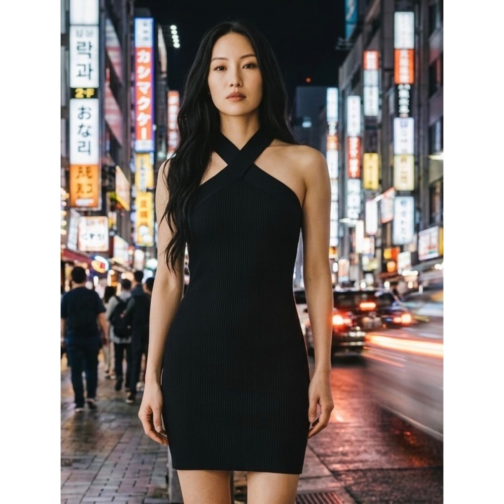 Sincerely Jules Halter Mini Dress Womens Small Black Ribbed Bodycon Evening LBD